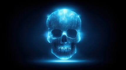 Ransomware Attack Concept and Cyber ​​Threats.A digital skull illuminated in blue, composed of binary code, set against a dark background, symbolizing technology and the intersection of life and data.