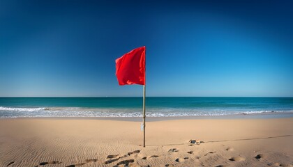 red flag signals warning on sandy beach alongside clear blue ocean and cloudless sky