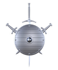 Silver Medieval viking shield with crossed swords, 3d render