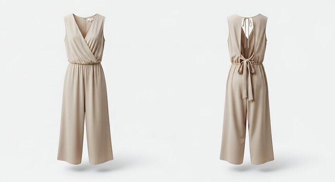 Elegant beige sleeveless jumpsuit with a deep V-neckline and adjustable waist tie for versatile daytime or evening wear