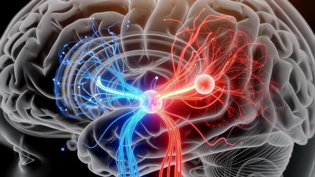 A detailed illustration of neural pathways forming binocular vision in the human brain highlighting the process of neural rewiring and integration of visual signals from both eyes
