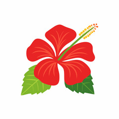 Red hibiscus flower vector illustration with green leaves isolated