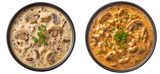 Top view of two bowls with creamy mushroom sauces, one in white cream base and one in rich tomato base, isolated on transparent background for culinary recipe design and food presentation