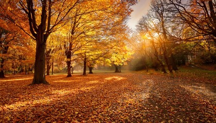 Fototapeta premium a calm autumn day with golden leaves falling softly from trees capturing the peaceful beauty of nature s changing seasons