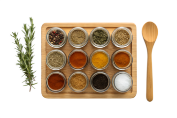 A vibrant collection of assorted spices in glass jars displayed on a wooden board, accompanied by a wooden spoon and a sprig of rosemary, creating a culinary presentation