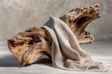 Beige fabric draped on rustic wood.