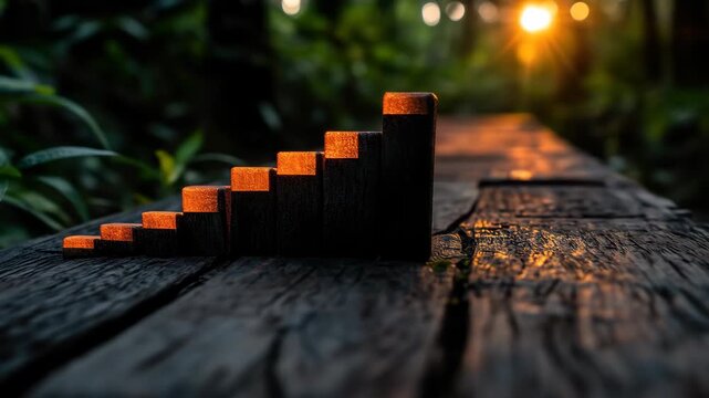 Wooden graph on aged wood, illuminated against a blurred forest backdrop