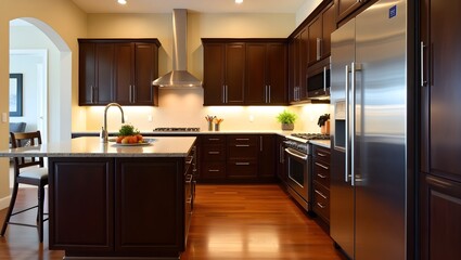 Luxurious one-wall kitchen with glossy finish and under-cabinet lighting.
