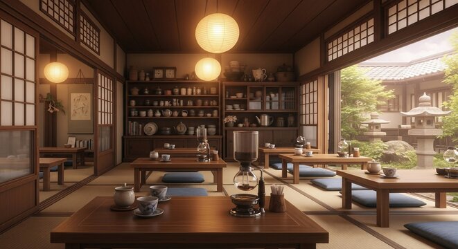 zoom background traditional japanese teahouse interior garden view - Powered by Adobe