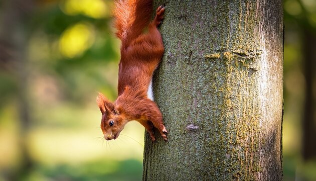 red squirrel climbing down tree with nut