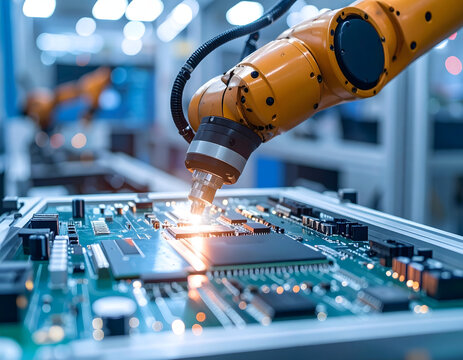 Robotic Precision in Manufacturing: A close-up shot of an automated robotic arm meticulously soldering a circuit board. - Powered by Adobe