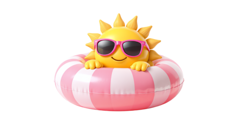 Cute Cartoon Sun Relaxing on an Inflatable Ring, Summer Vacation Illustration