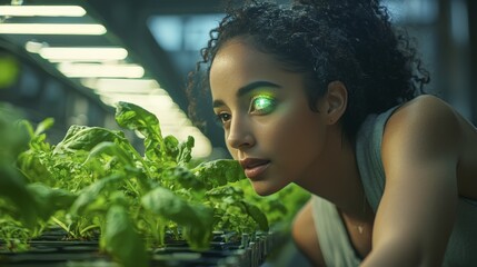 A woman with an augmented reality eye examines plants in a smart farm setting.