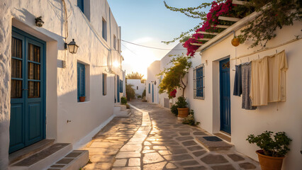 Narrow street with white buildings and blue doors in a greek island at sunset creating a bright sunny day