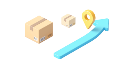 Delivery, shipping, logistics, packages, boxes, arrow, upward trend, progress, growth, 3d render, isometric, location pin, online shopping,  
