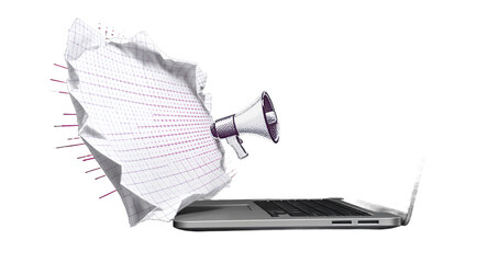 Digital Announcement Concept Megaphone Emerging from Laptop Screen