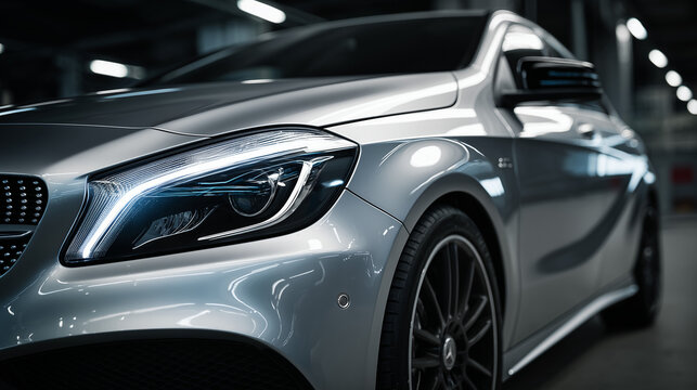 A stunning silver luxury car is prominently displayed in a dimly lit studio. The focus is on the stylish design, highlighting its elegant curves and modern features in an artistic manner