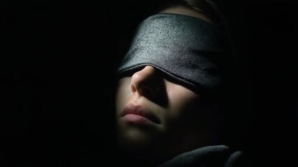 Close-up video of young woman struggling with insomnia, lying in bed with sleep mask, low light and dark muted tones, perfect for healthcare ads, wellness blogs and mental health awareness campaigns