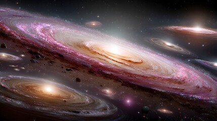 A captivating illustration of interacting spiral galaxies, showcasing swirling patterns and vibrant hues against a vast expanse of deep space.