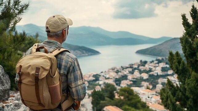 Senior Hiker Contemplating Coastal View Backpack Mountains