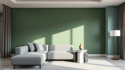 Modern living room with grey sofa and green accent wall, featuring elegant marble decor.