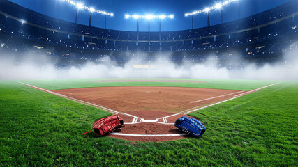 A grand, empty baseball stadium at night, with two catcher's mitts resting on the home plate area, shrouded in a mystical fog under bright lights. Evokes anticipation, competition, and the spirit of t