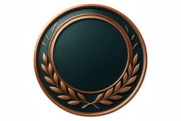 Copper laurel wreath surrounding round green badge, symbolizing achievement with sleek design against transparent backdrop