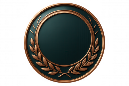 Copper laurel wreath surrounding round green badge, symbolizing achievement with sleek design against transparent backdrop - Powered by Adobe