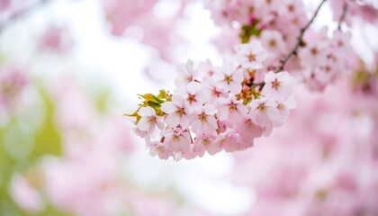 Obraz premium Delicate pink cherry blossoms gently sway in a soft spring breeze, showcasing a beautiful floral display.
