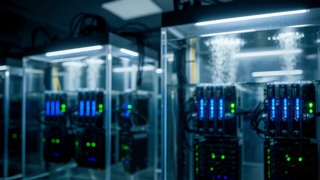 Interior view of a data center immersion cooling tank showcasing the interaction between electronics and the dielectric fluid for superior heat dissipation.