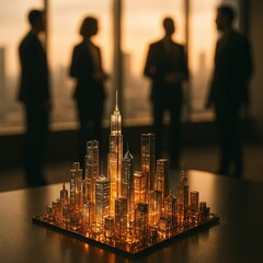 Abstract glowing glass city model with golden light on reflective table and business silhouettes against sunset cityscape