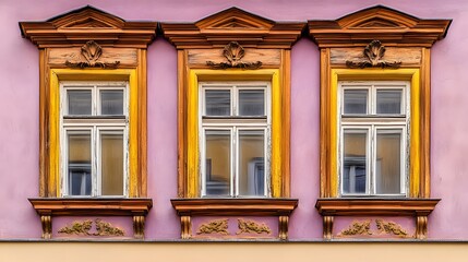 Fototapeta premium Elegant Triple Windows with Ornate Wooden Frames on a Lavender Wall
