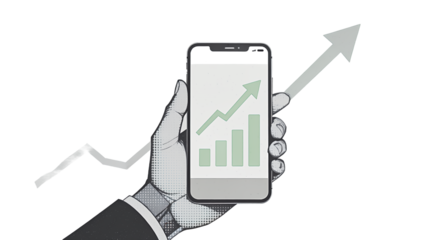 Hand Holding Smartphone with Rising Financial Graph, Business Growth, Technology