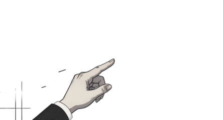 Hand pointing at a large speech bubble with smaller speech bubbles and geometric lines in the background.