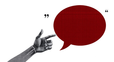 Hand pointing at a red speech bubble with halftone texture, quote marks, and lightning bolt design element.