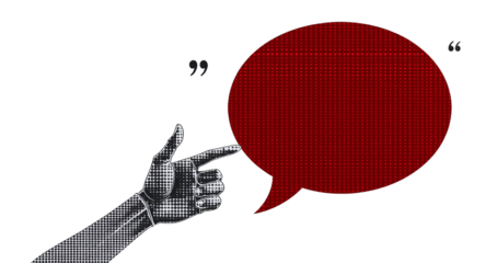 Hand pointing at a red speech bubble with halftone texture, quote marks, and lightning bolt design element.