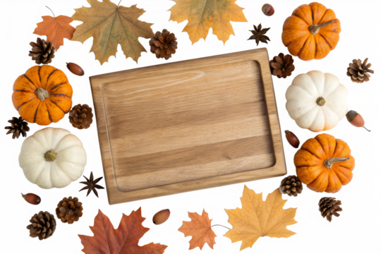 Autumnal Arrangement A Rustic Wooden Board Surrounded by Pumpkins, Leaves, Pine Cones, and Star Anise