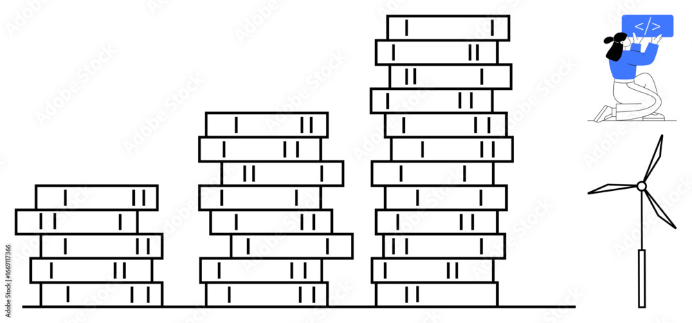 Wall mural multiple stacks representing data, wind turbine symbolizing renewable energy, and developer coding a