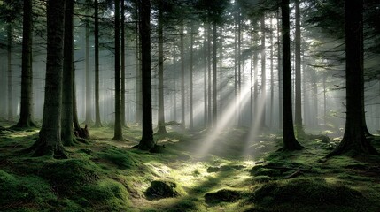 Obraz premium Sunlight streams through a misty forest, illuminating the mossy ground beneath tall trees.