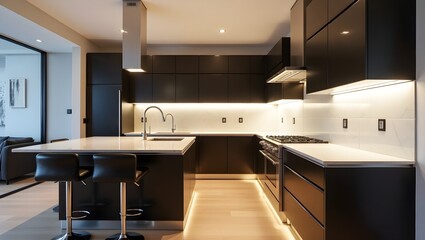 Ultra-modern one-wall kitchen with LED lighting and glossy finishes.