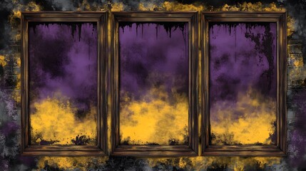 Triptych of Grungy Wooden Frames with Purple and Gold Fog