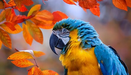 vibrant blue and yellow parrot perched on autumn leaves branch