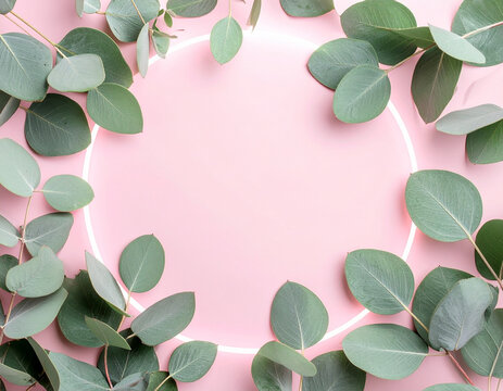 Fresh eucalyptus leaves frame a glowing neon circle on a soft pastel pink background, creating a modern, clean, and vibrant aesthetic. Ideal for beauty, wellness, design, and natural product branding.