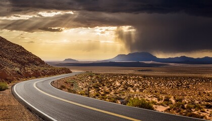 winding road through desert under stormy sky with sun rays