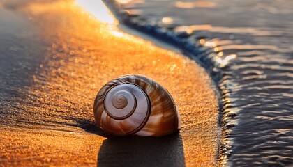 close up of spiral shell crest glinting under tide at sunset