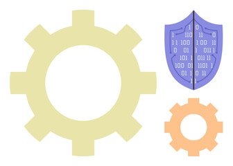Large gear beside a shield featuring binary code and a smaller gear, representing cybersecurity, data protection, and system functionality. Ideal for technology, safety, systems, teamwork