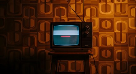 International Television Day Nostalgic concept of an old analogue television on a stool against a 70s-style patterned wall in a dark room