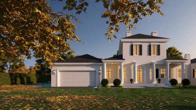 Three-dimensional computer-generated ry of stylish comfortable traditional house in historical architectural style on autumn day