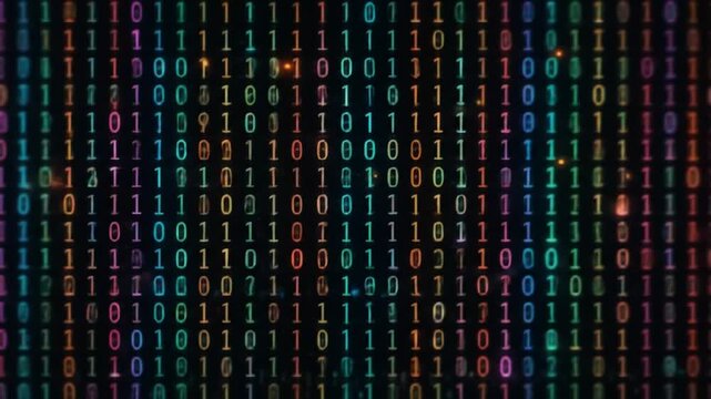 Vertical columns of colorful binary code, symbolizing data and digital technology. 4k video