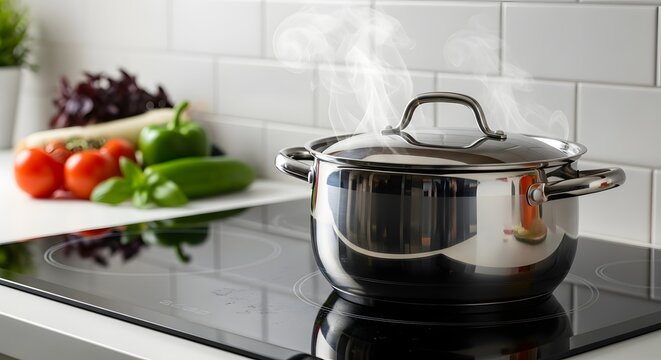 A gleaming stainless steel pot sits on a modern induction cooktop, releasing wisps of steam against a backdrop of fresh vegetables.